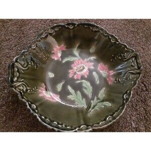 Antique 1875-1900 Astro Magolica Plate. Olive green & pink flowers porcelain